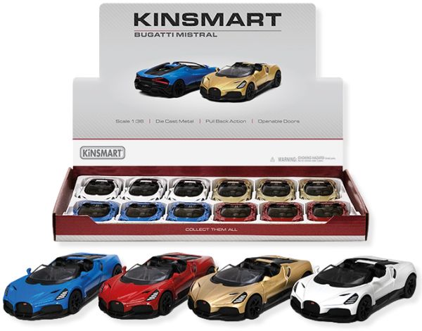 KINSMART – Bugatti Mistral – Modellino cm12 c/porte apribili – c/pull-back and go In espo da 12pz (42x28cm) 4ass…x12…x48